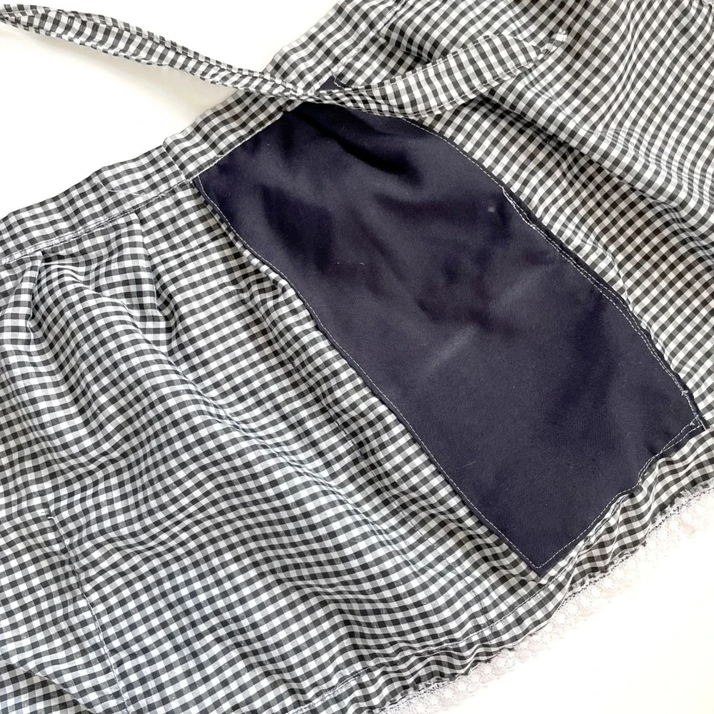 Vintage Gingham Half Apron Black White Check Lace Trim Bows Cottagecore Retro